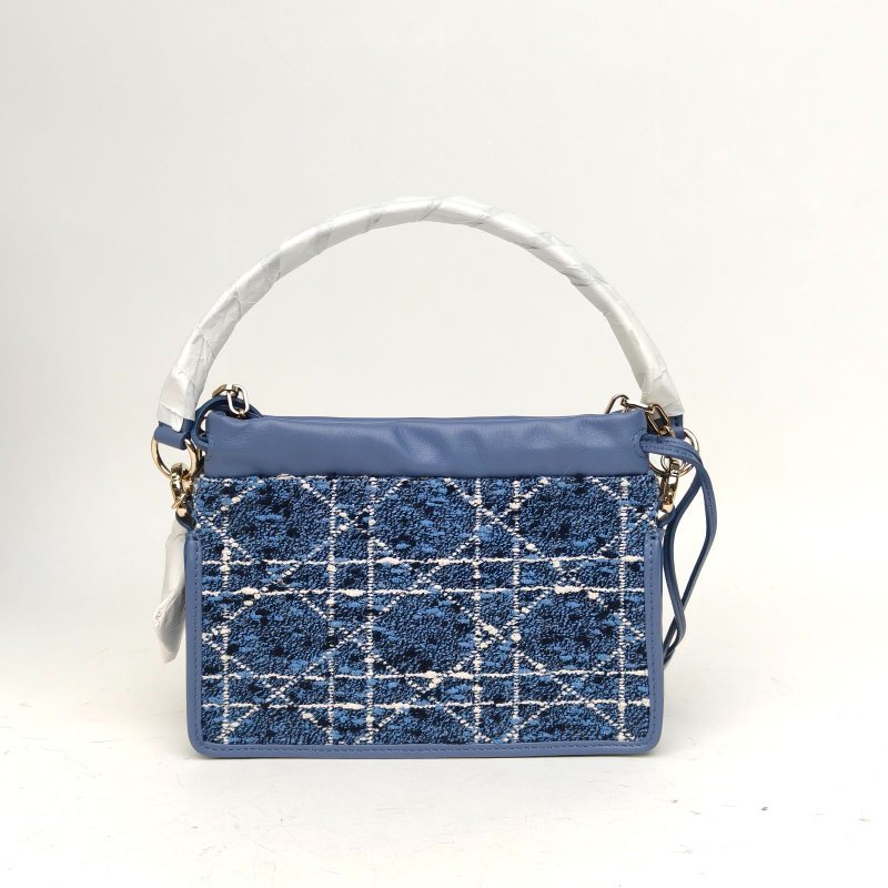 DIOR 藍色毛呢淺金扣2024Milly粗花呢藤格紋鏈條包肩背包-2