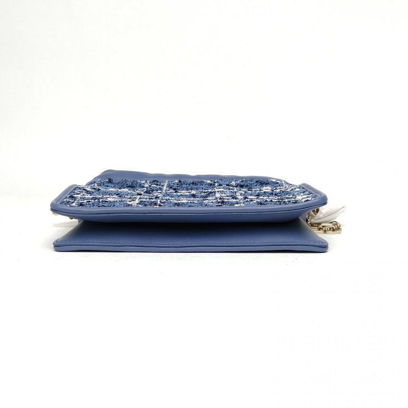 DIOR 藍色毛呢淺金扣2024Milly粗花呢藤格紋鏈條包肩背包-4