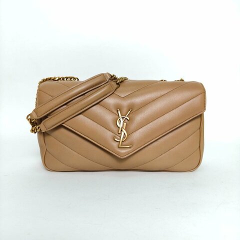 SAINT LAURENT 淺咖色羊皮金扣新款loulou橫板肩背包