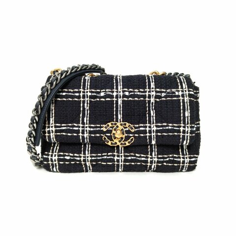 CHANEL 19BAG口蓋包小號拼色毛呢晶片開金銀扣肩背包