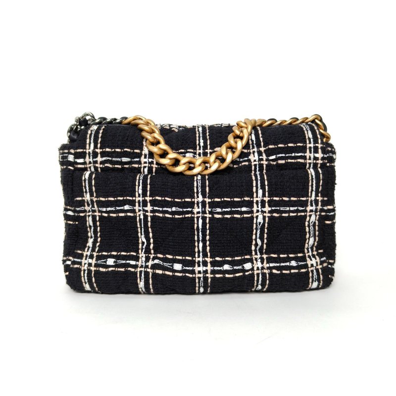 CHANEL 19BAG口蓋包小號拼色毛呢晶片開金銀扣肩背包-2