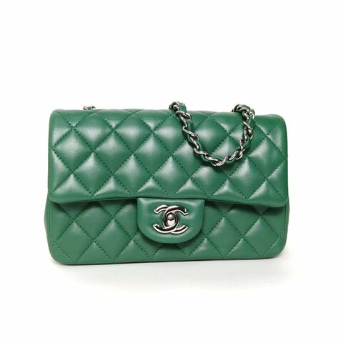 CHANEL CF口蓋包大Mini20綠色羊皮28開銀扣肩背包