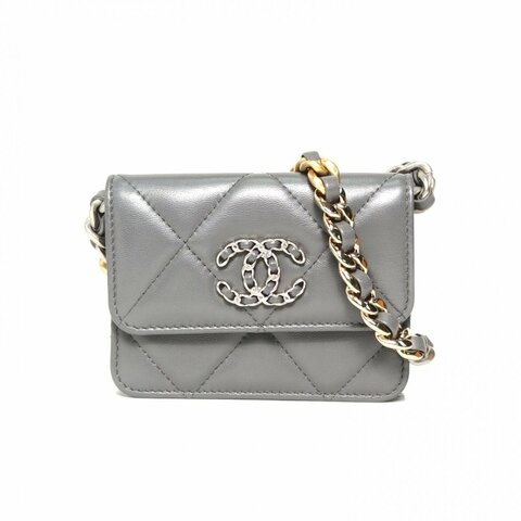 CHANEL 19BAGWOC灰色羊皮鐳射標金銀扣肩背包