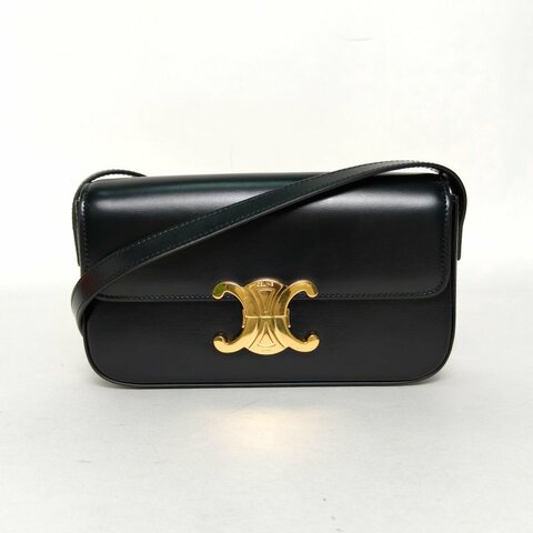 CELINE Triomphe凱旋門金屬鎖扣橫版肩背包黑色牛皮肩背包