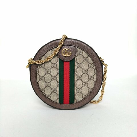 GUCCI Ophidia圓餅包斜挎包18牛皮/PVC金扣烏木色肩背包