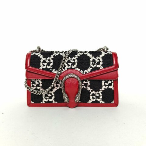 GUCCI Dionysus酒神中號28黑白牛皮銀扣毛呢肩背包