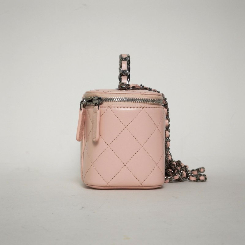 CHANEL 23KLogo手提長盒子化妝包皮穿鏈手柄粉色牛皮肩背包-3