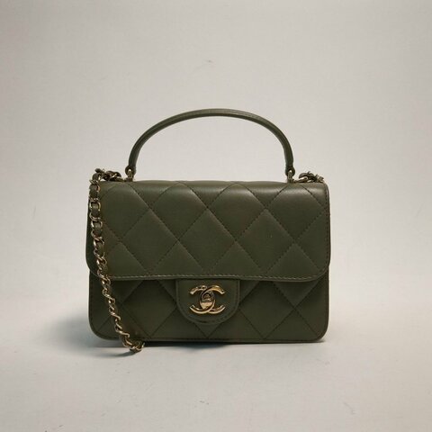 CHANEL 21BCocoLady手提口蓋包綠色牛皮晶片金扣肩背包