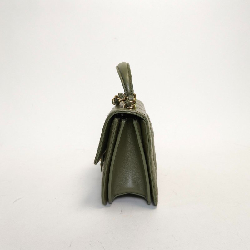 CHANEL 21BCocoLady手提口蓋包綠色牛皮晶片金扣肩背包-3