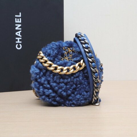 CHANEL 19BAG小圓餅包藍色毛絨30開金銀扣肩背包