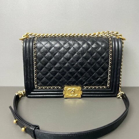 香奈兒/Chanel Leboy 宮廷繫列經典菱格紋 黑金牛皮 鏈條肩背斜背包