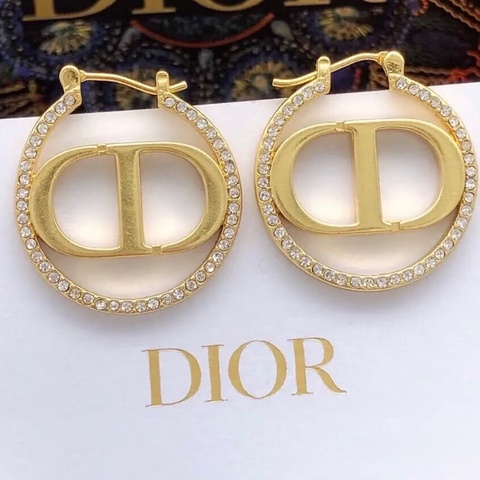 DIOR金色CD鑲鑽針式耳環