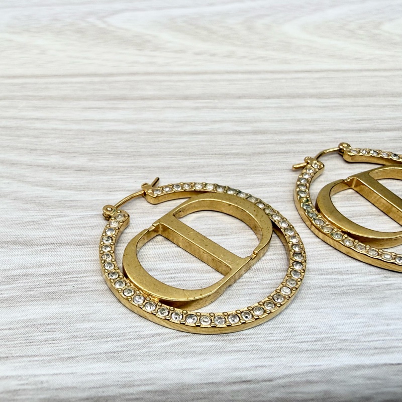 DIOR金色CD鑲鑽針式耳環-4