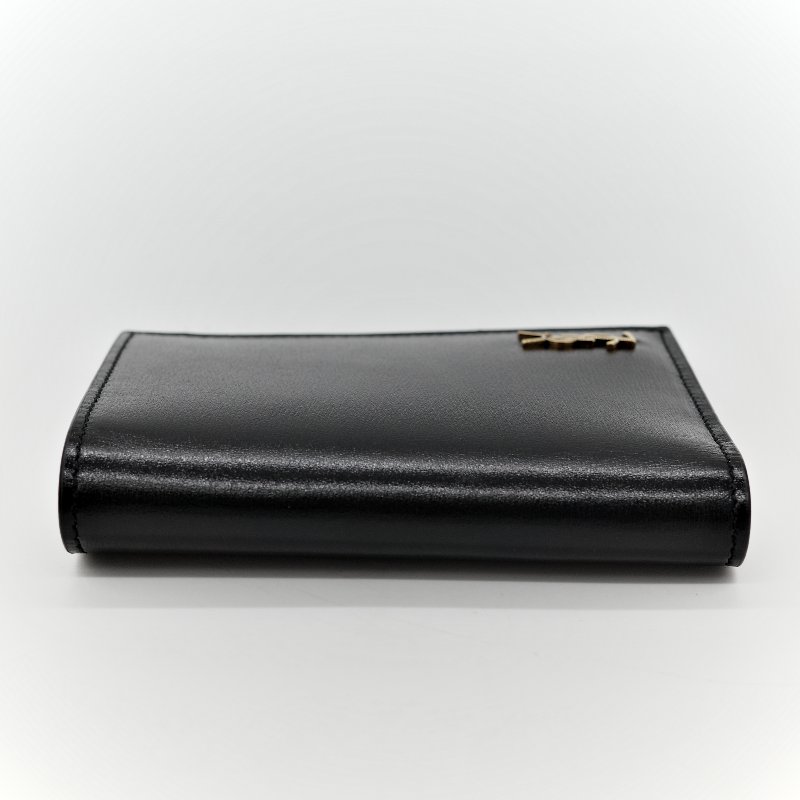 SAINT LAURENT素面牛皮LOGO對開夾(黑/金)-5