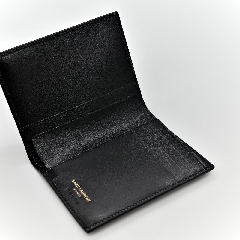 SAINT LAURENT素面牛皮LOGO對開夾(黑/金)-6
