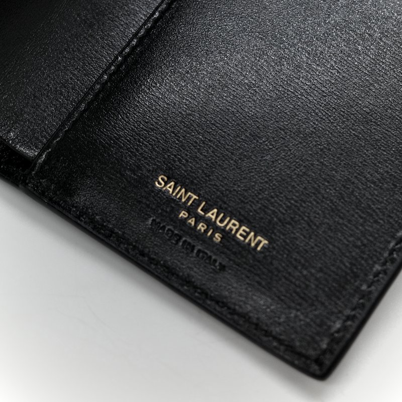 SAINT LAURENT素面牛皮LOGO對開夾(黑/金)-7