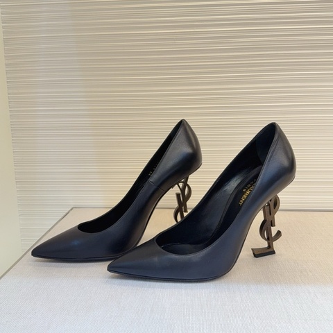 YSL/聖羅蘭 女士OPYUM黑色牛皮高跟鞋單鞋 復古做舊金屬跟，跟高10cm ，