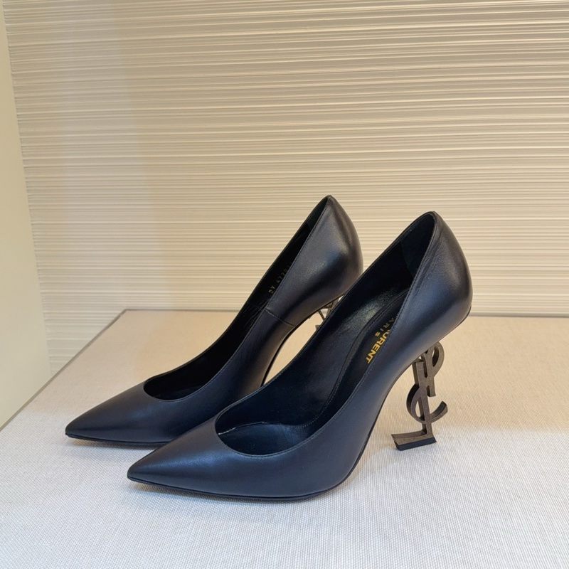 YSL/聖羅蘭 女士OPYUM黑色牛皮高跟鞋單鞋 復古做舊金屬跟，跟高10cm ，-6