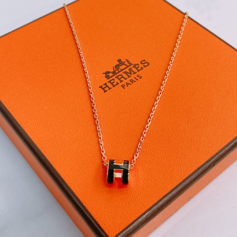 MS0648 Hermes 愛馬仕 迷你 項鍊 黑色 玫瑰金扣 Mini Pop H Necklace Black x RGHW-2