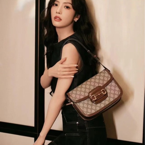 Gucci/古馳1955 經典老花馬鞍包 中號  烏木色 帆布拼皮 男女同款 尺寸25*9*19cm 配尘袋