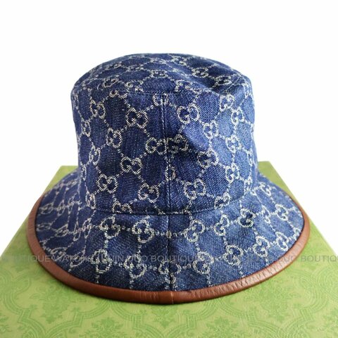 金鐸精品~2521 GUCCI古馳576371經典雙G-LOGO藍色丹寧布M號漁夫帽 全新品