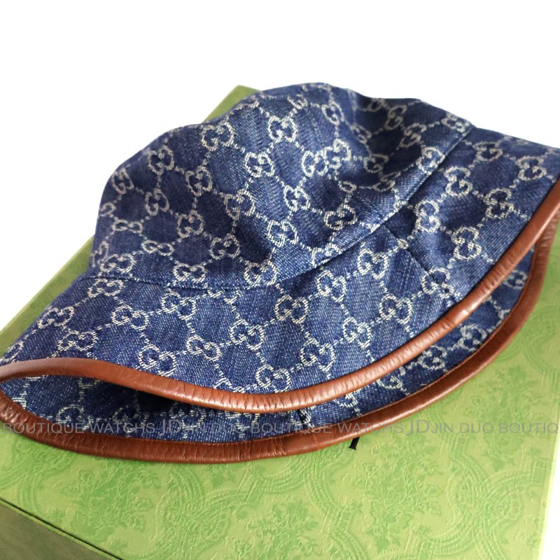金鐸精品~2521 GUCCI古馳576371經典雙G-LOGO藍色丹寧布M號漁夫帽 全新品-1
