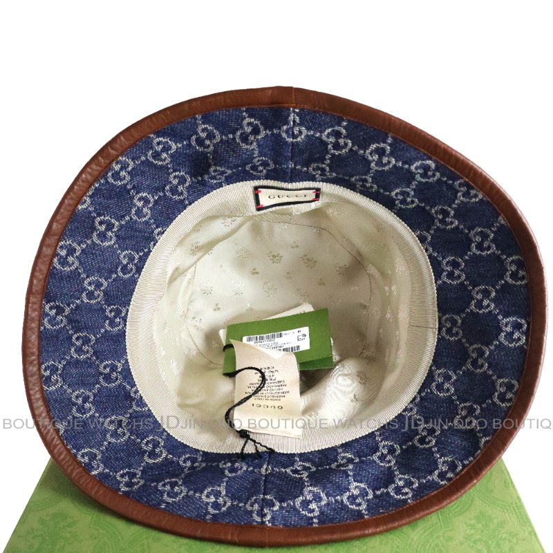 金鐸精品~2521 GUCCI古馳576371經典雙G-LOGO藍色丹寧布M號漁夫帽 全新品-2