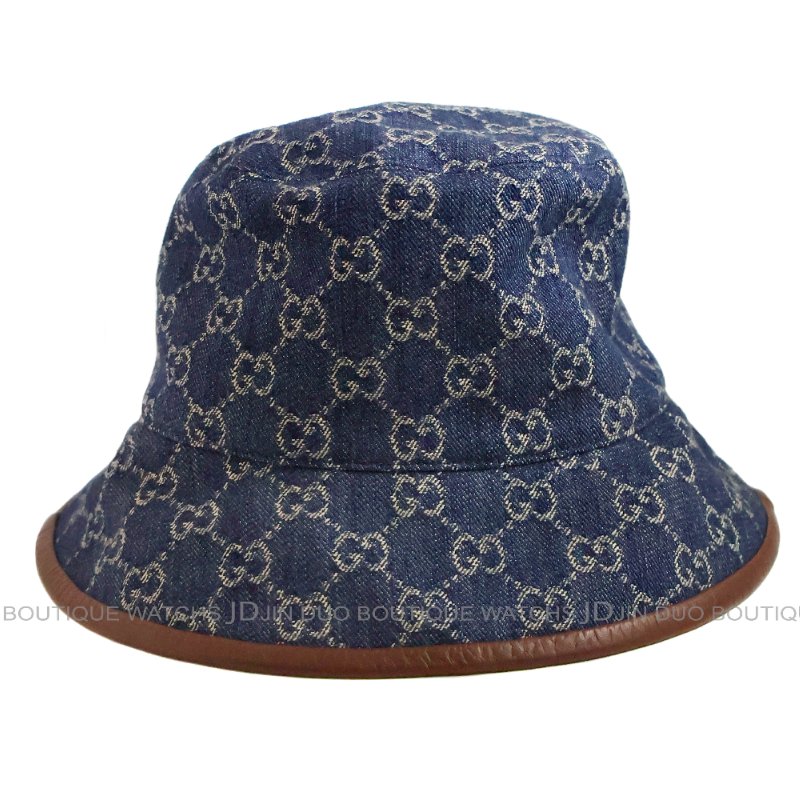 金鐸精品~2521 GUCCI古馳576371經典雙G-LOGO藍色丹寧布M號漁夫帽 全新品-3