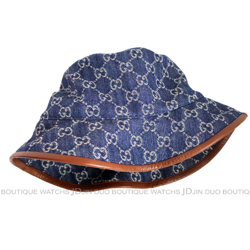 金鐸精品~2521 GUCCI古馳576371經典雙G-LOGO藍色丹寧布M號漁夫帽 全新品-4