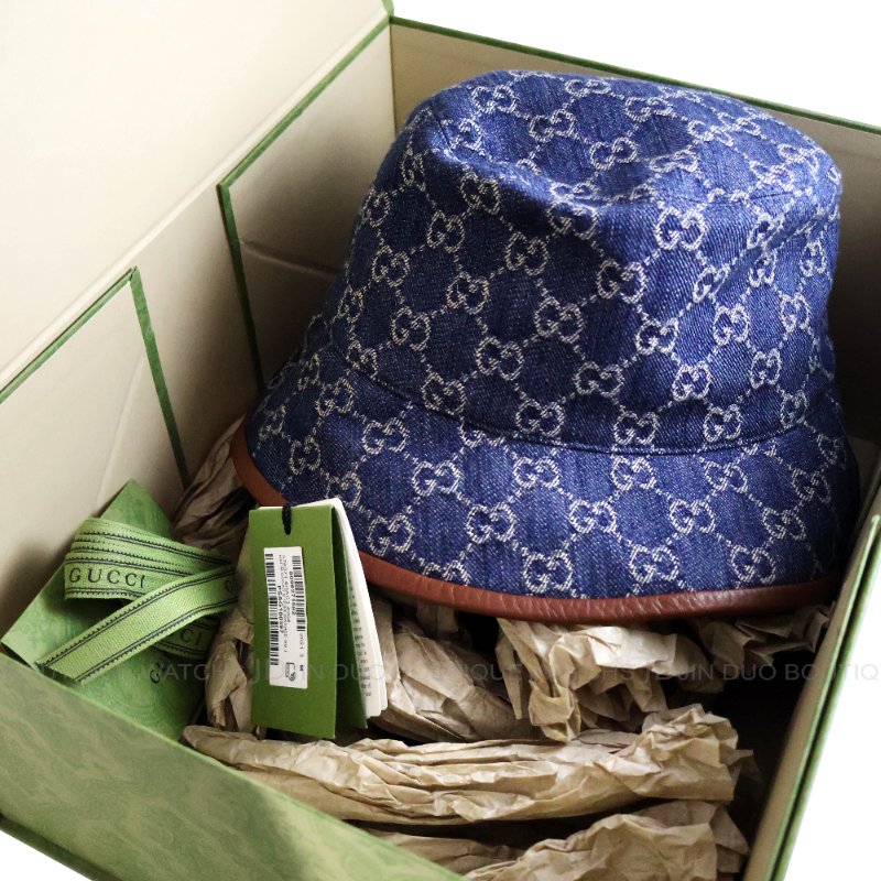 金鐸精品~2521 GUCCI古馳576371經典雙G-LOGO藍色丹寧布M號漁夫帽 全新品-7