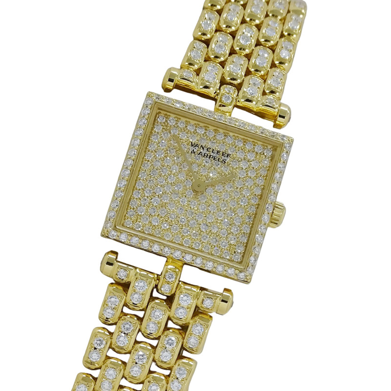 梵克雅寶女士腕錶，經典方形設計，鑲鑽，石英機芯，750YG（18K 純金）。-0