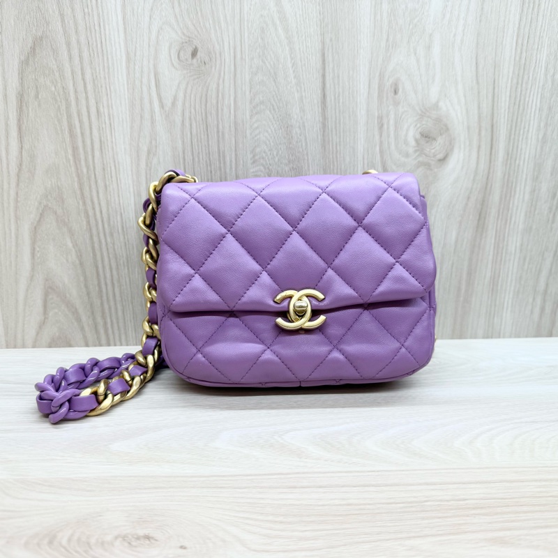 Chanel💜紫羊皮金釦紫鏈方胖-1