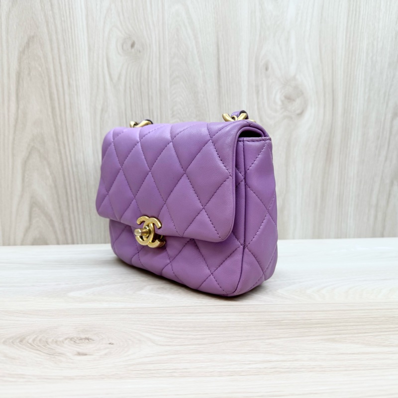 Chanel💜紫羊皮金釦紫鏈方胖-3