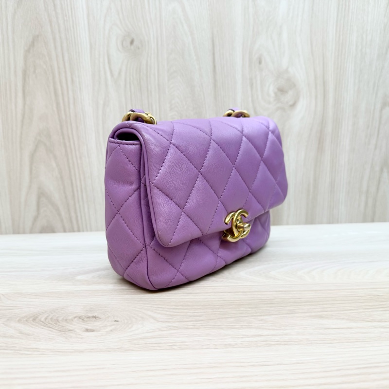 Chanel💜紫羊皮金釦紫鏈方胖-4