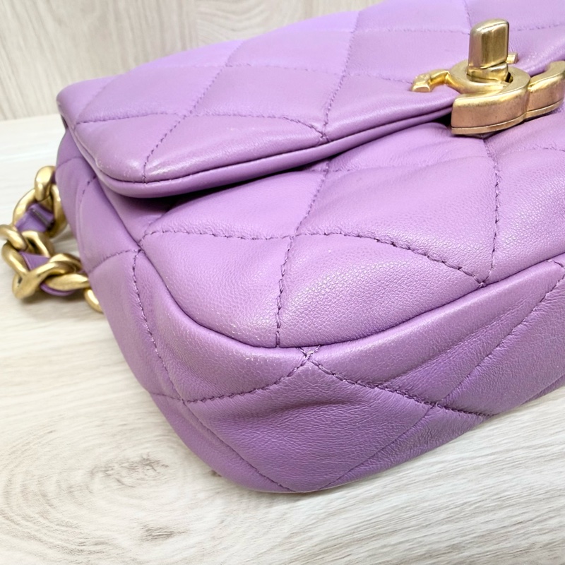 Chanel💜紫羊皮金釦紫鏈方胖-10
