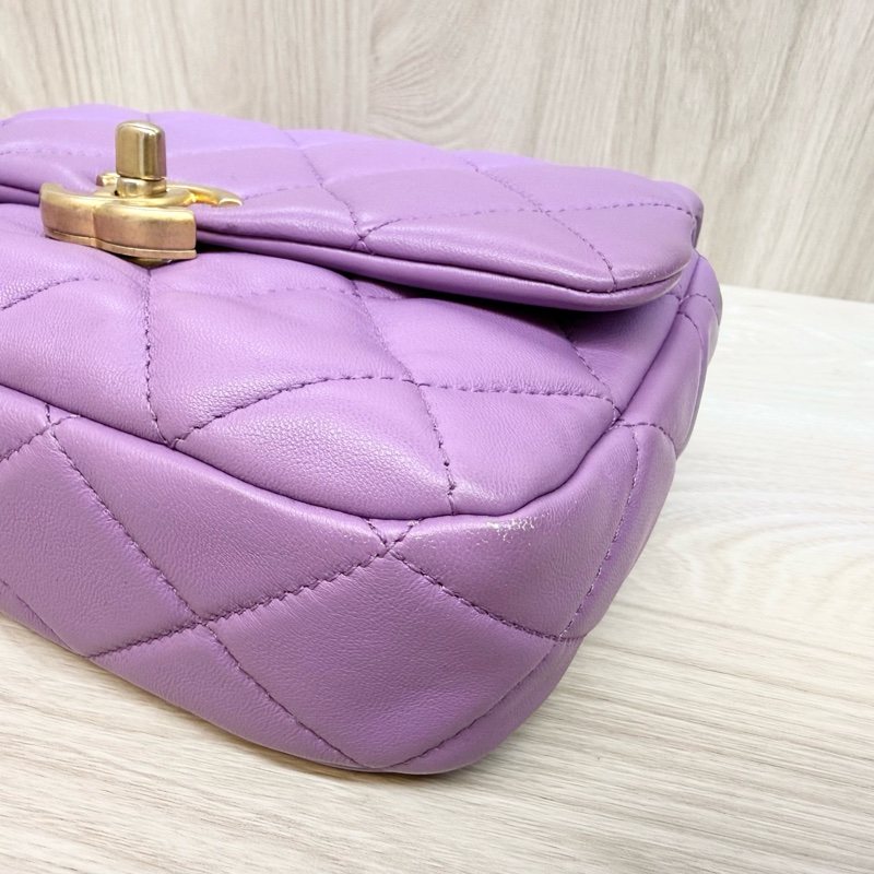 Chanel💜紫羊皮金釦紫鏈方胖-11