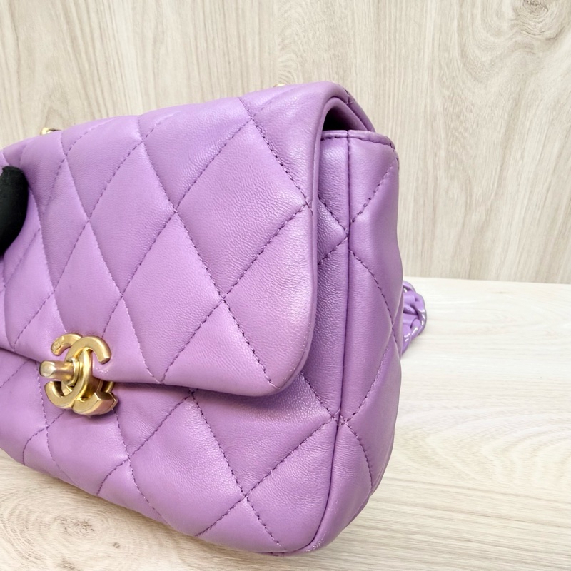 Chanel💜紫羊皮金釦紫鏈方胖-14