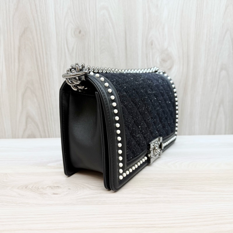 CHANEL銀河黑珍珠飾邊銀釦BOY25-3