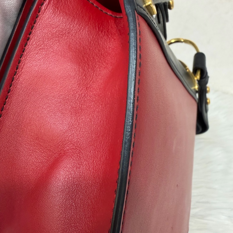 PRADA 1BD039 紅皮 黑皮 拼接 金釦 馬鞍包 斜背包-19