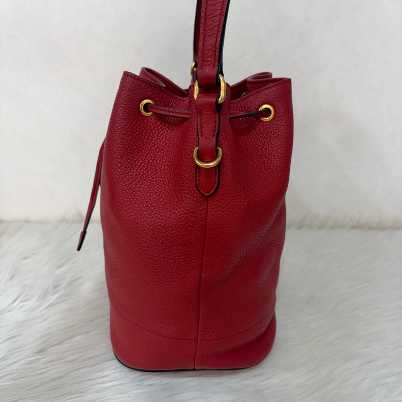 PRADA 1BE018 紅皮 荔枝紋 金釦 手提包 斜背包 水桶包-4