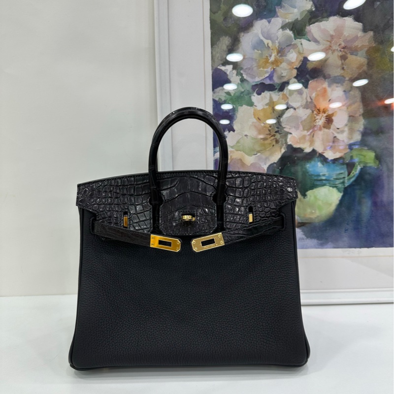 Hermes birkin25 Touch 黑金 togo皮拼霧面鱷魚 U刻 閒置 23年購證-1