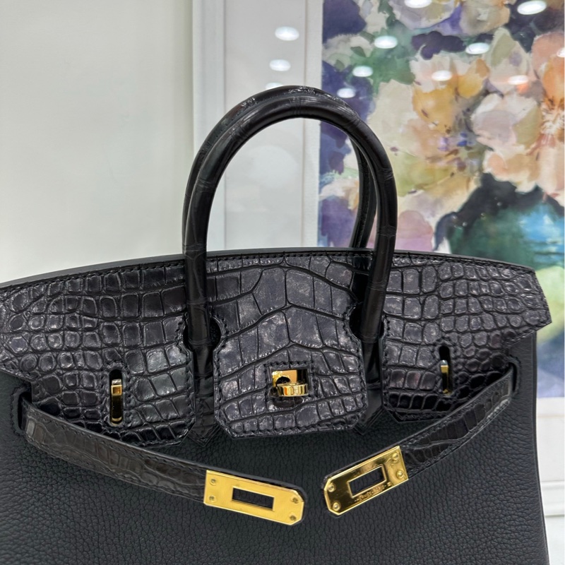 Hermes birkin25 Touch 黑金 togo皮拼霧面鱷魚 U刻 閒置 23年購證-6