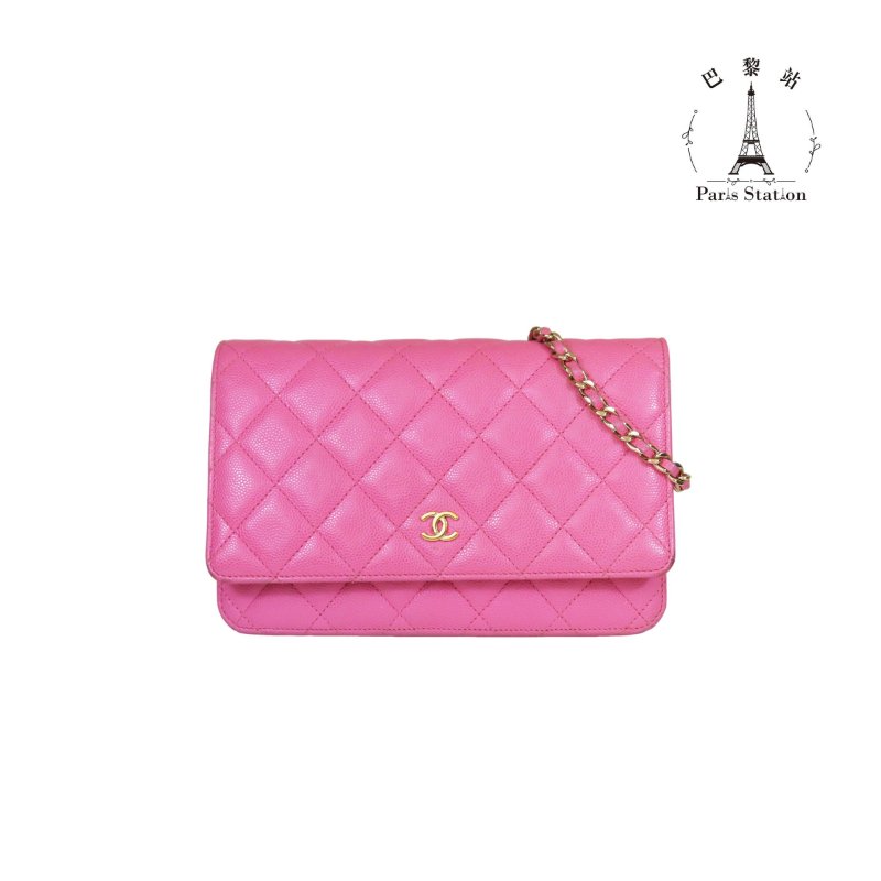 【巴黎站二手名牌專賣店】＊現貨＊CHANEL 香奈兒 真品＊粉色菱格紋荔枝皮革金雙C鏈包 WOC斜背包-0