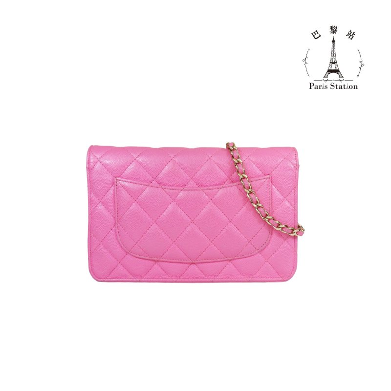 【巴黎站二手名牌專賣店】＊現貨＊CHANEL 香奈兒 真品＊粉色菱格紋荔枝皮革金雙C鏈包 WOC斜背包-1