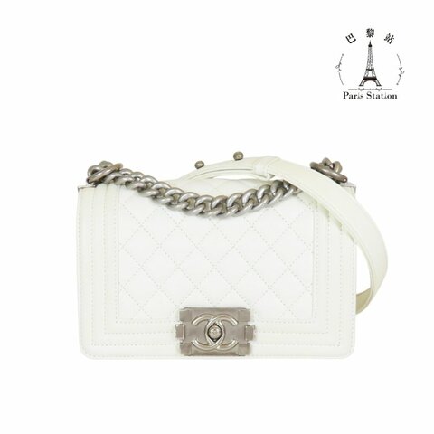 【巴黎站二手名牌專賣店】＊現貨＊CHANEL 香奈兒 真品＊經典BOY 20白色荔枝菱格牛皮復古銀釦肩背斜背包