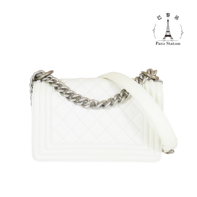 【巴黎站二手名牌專賣店】＊現貨＊CHANEL 香奈兒 真品＊經典BOY 20白色荔枝菱格牛皮復古銀釦肩背斜背包-1