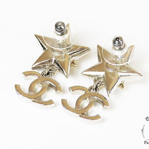 【巴黎站二手名牌專賣店】＊現貨＊CHANEL 香奈兒 真品＊ABA907金星星銀鑽雙C吊墜針式耳環-2