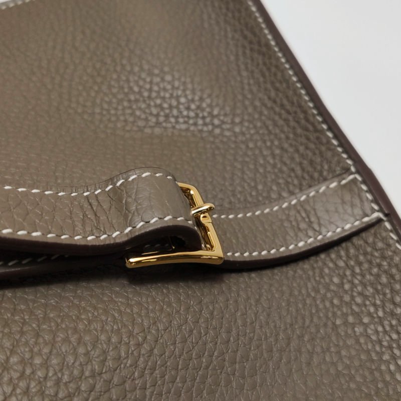 Hermes Halzan25馬鐙形手把斜背包單肩包TC牛皮金扣18etoupe大象灰Y刻-10
