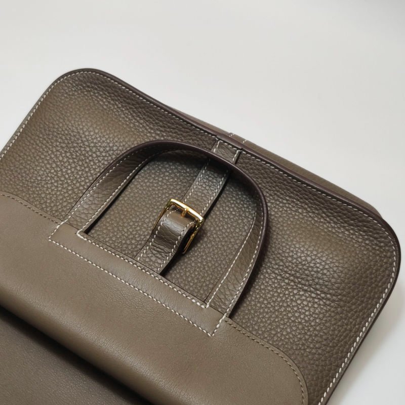 Hermes Halzan25馬鐙形手把斜背包單肩包TC牛皮金扣18etoupe大象灰Y刻-15