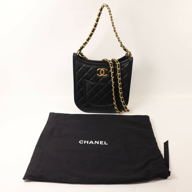 CHANEL 牛皮皮革Hobo鏈帶手挽肩背兩用袋-8